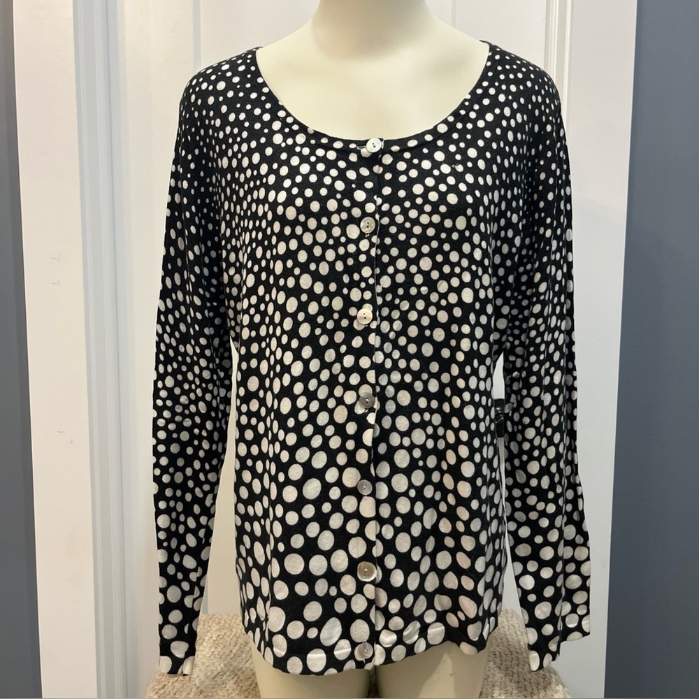 Additions Chicos Black White Polka Dot Cardigan Button Front Sweater Sz 2 US 12
